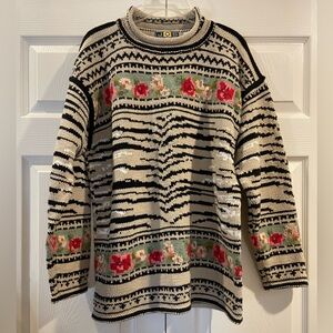 Vintage Roll Neck Sweater Knit Rose Floral Oversized Pullover Size 3 L 23x27.5